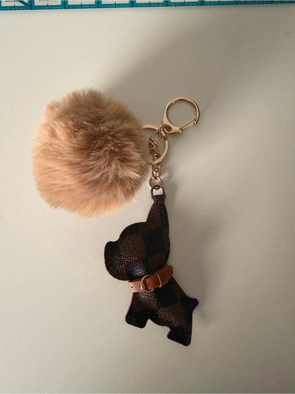 Designer-Inspired Brown Dog Pom-Pom Keychain